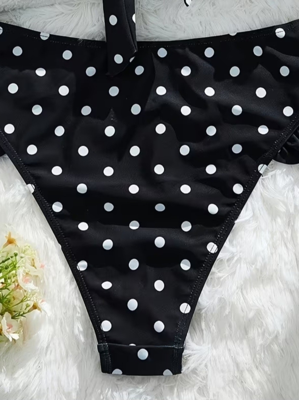 Polka Dot Ruffle Tie-Front Bandeau Bikini - Black/White - Picture 4 of 4